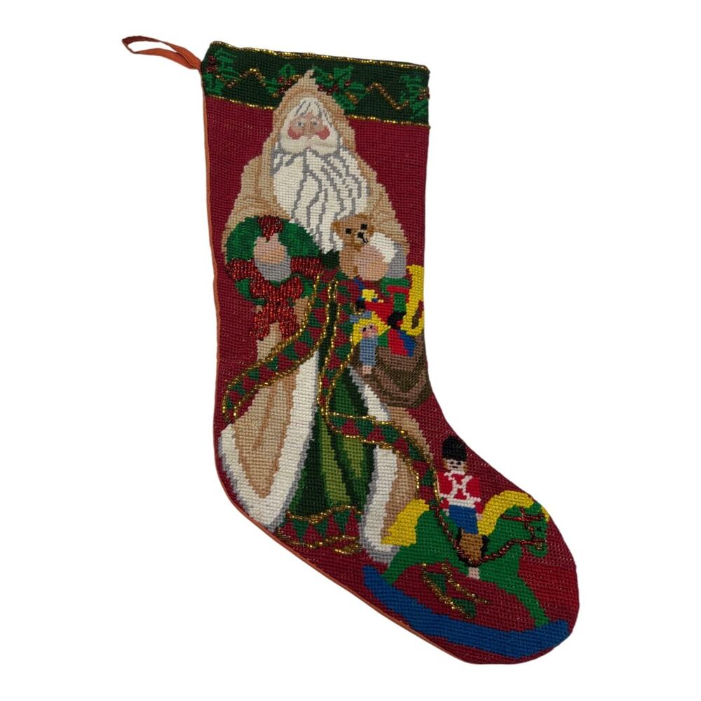 Vintage Needlepoint Christmas Stocking Old Fashioned Santa Toys Wooden Horse
